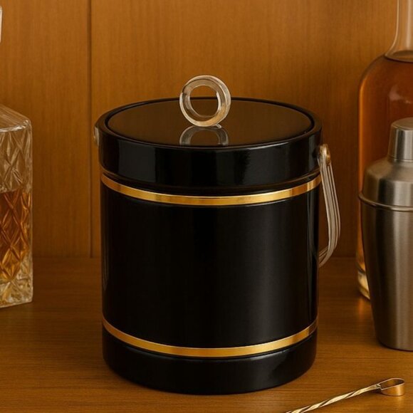 MCM Black Gold Ice Bucket Lucite Lid Handle VTG Barware Bar Cart Regency Decor - Picture 1 of 13